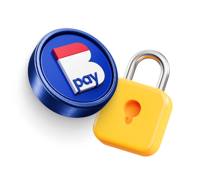 Selo B Pay e cadeado 3D representando segurança e privacidade