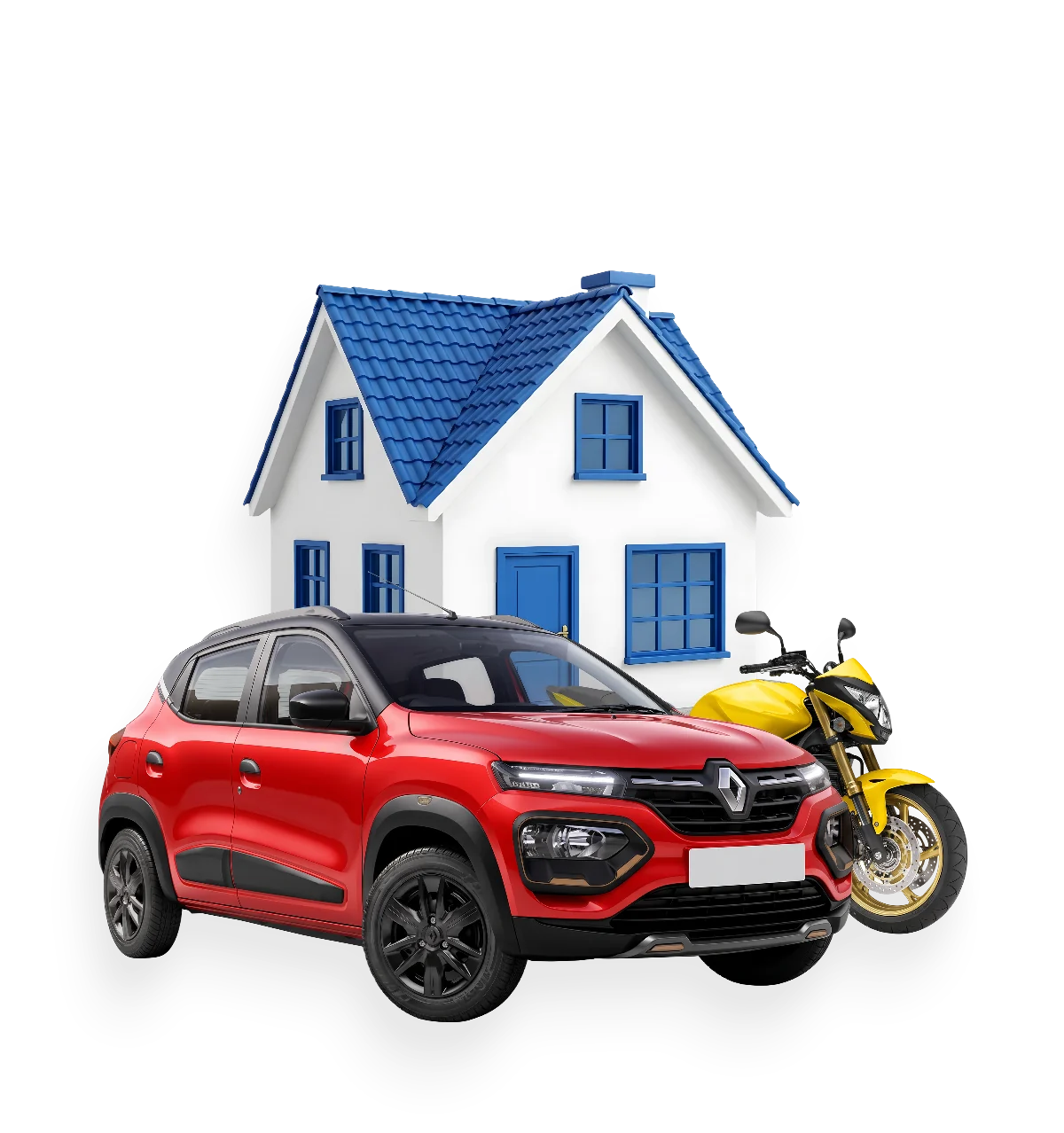 Casa, carro e moto em miniatura 3D